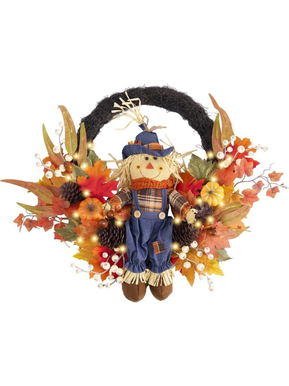 24" Collapsible Scarecrow Doll Fall Wreath | Autumn Decor for Front Door